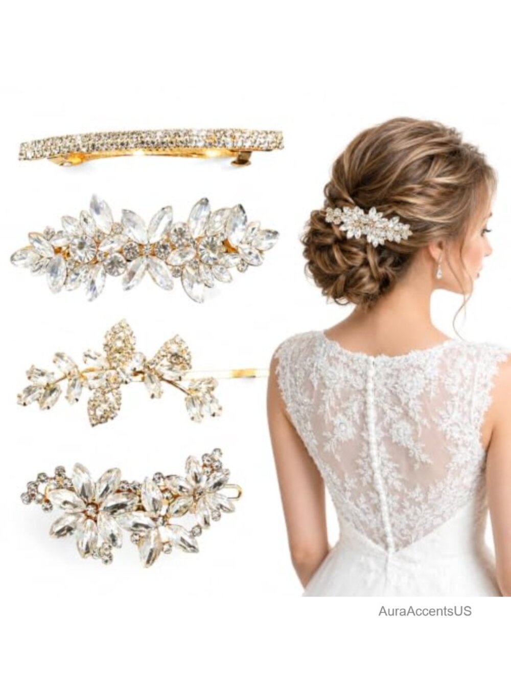 4Pcs Rhinestone Hair Barrette Set Gold Tone Alloy Crystal Hair Clips Women